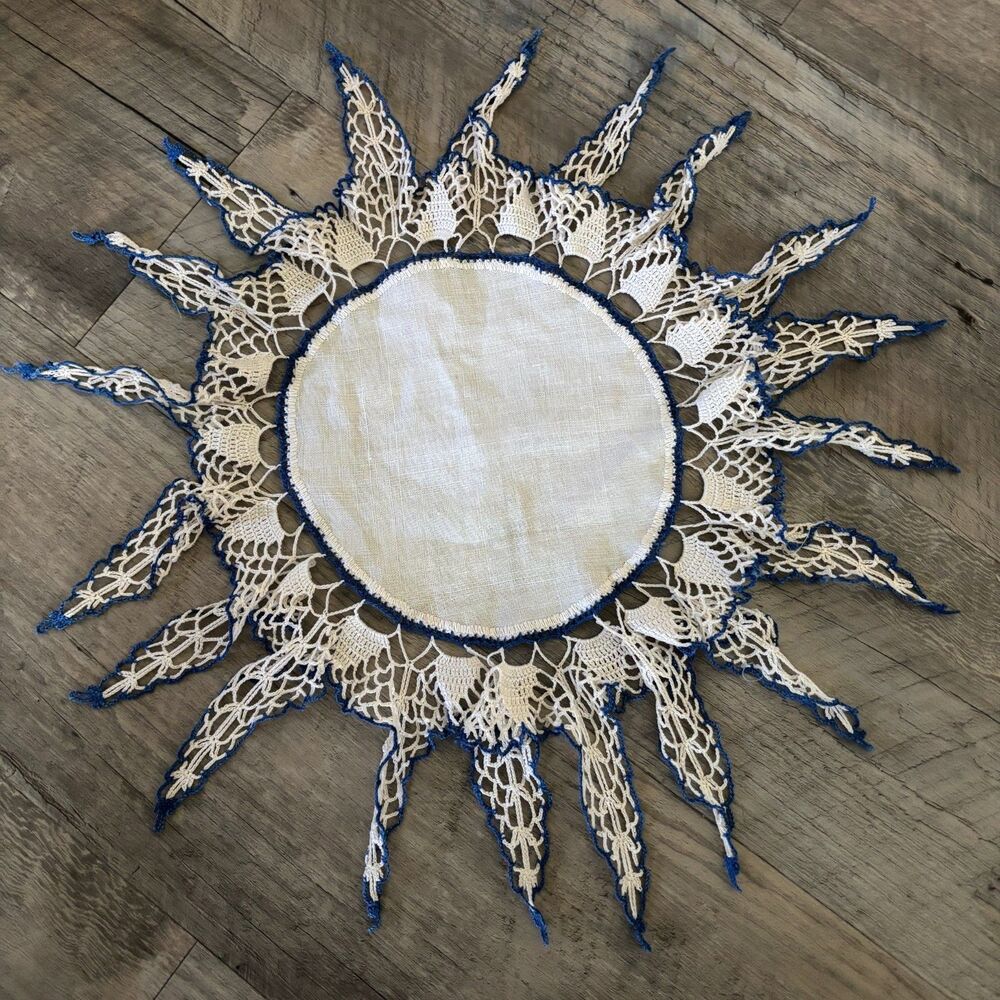 Vintage Handmade Crochet Doily White Blue Sunburst Star Table Centerpiece 18"